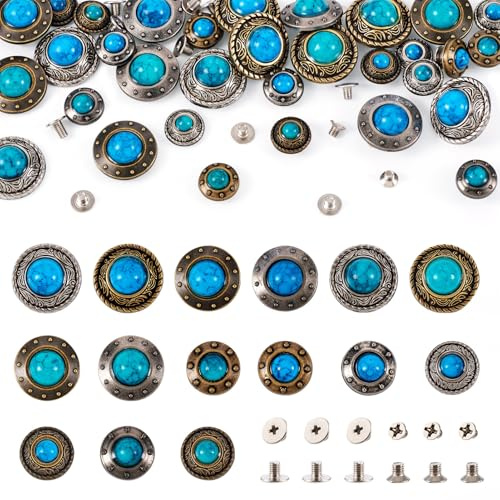 Spritewelry 32 juegos de remaches decorativos de color turquesa, vintage, redondos, botones de aleación con rosca, para cuero, ropa, bolsos, zapatos, manualidades