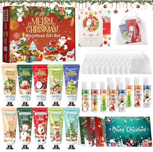 40 Stück Weihnachtshandcreme Set, Handpflege Set Damen mit Handcreme Mini Sets, Lippenbalsam Weihnachten, Weihnachten Karte, Tasche, Kleines Geschenk Weihnachten für Familie Freunde