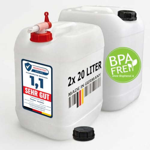 plasteo 2x 20L Wasserkanister Lebensmittelecht mit Hahn - BPA Frei | Trinkwasserkanister aus Deutschland – geruchs- & geschmacksneutral, 100% dicht, inkl. Schraubdeckel