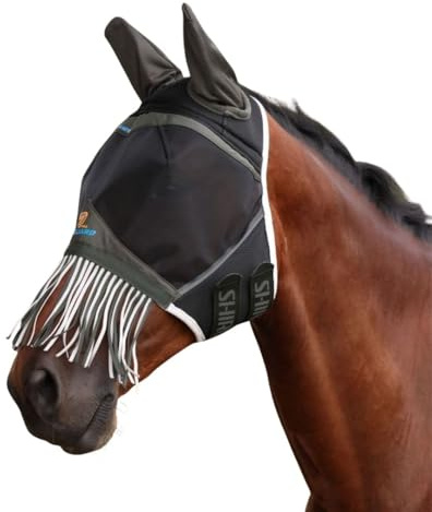 Shires FlyGuard Pro Air Motion Fly Mask with Ears & Fringe – Full Size |Breathable Air Motion Fabric for Comfort | Protects Against Flies & Insects | for Turnout & Grazing | Khaki