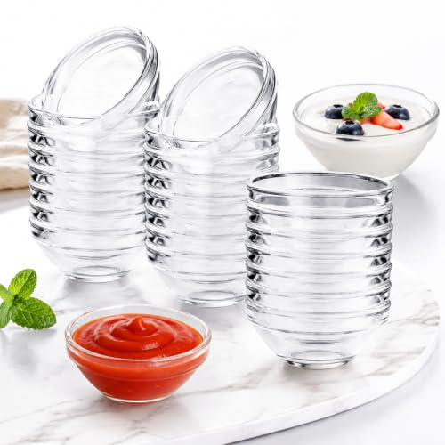 BXUUXA Set da 24 Ciotole Piccole di Vetro Trasparente, 6.2x2.8cm, Ciotole per Salse e Condimenti, Mini Ciotole per Marmellata e Olio, Aceto, Spezie per Casa e Ristorante, Eleganti e Resistenti