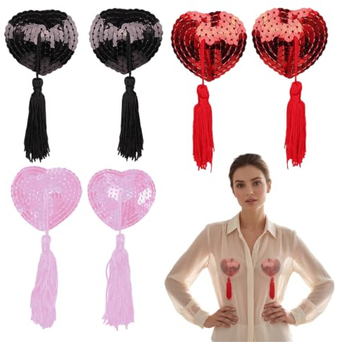 3 Paires Cache-Tétons Collants à Paillettes, Cache-Tétons Adhésifs, Cache Tétons Auto-Adhésif, Sexy Cache-Tétons en Forme de Cœur avec Glands, Cache Tetons Femme Sexy, Peut être Réutilisé Cache Tetons