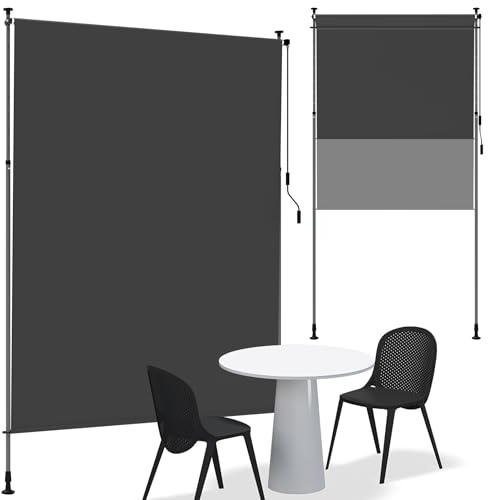 QEENTOE Vertikalmarkise mit Handkurbel ohne Bohren Klemmmarkise 100x310cm Sichtschutz Dunkelgrau Blickdicht Sichtschutzrollo UV-Schutz Außenrollo Markise Senkrechtmarkise Wasserfest