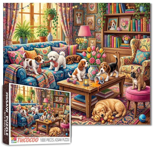 1000 Piece Cozy Dog Room Jigsaw Puzzle for Adults - Adorable Puppies Playing in a Colorful Living Room Scene - 50 x 70 cm - Fun and Challenging Puzzle - Gift for Pet Lovers