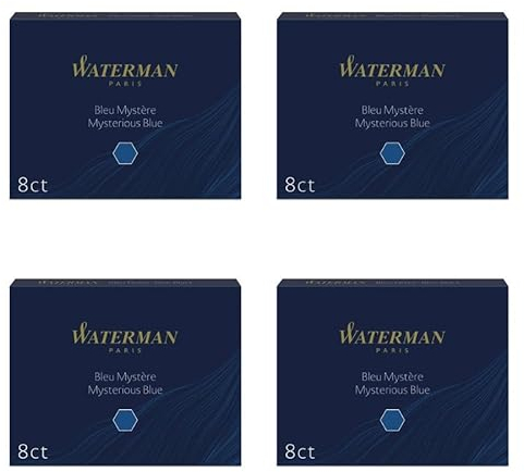 Waterman S0110910 - 4 cases with 8 large capacity ink cartridges, blue, ink erasable (4 packs of 8 blue)
