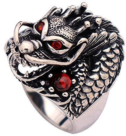 Bague Tête de Dragon Chinois Vintage en Argent Sterling 925 avec Pierres de Grenat Rouge for Hommes Femmes Taille 68