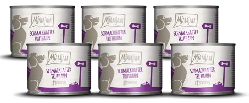 MjAMjAM - Premium Nassfutter für Hunde - schmackhafter Truthahn an leckeren Möhrchen, 6er Pack (6 x 200 g), getreidefrei mit extra viel Fleisch