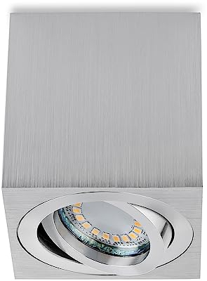 Sweet Led Aufbauspots eckig GU10 – Aufbauleuchte schwenkbar 80x80x84mm – Deckenspots silber-gebürstet – inkl. 230V LED (5W, 430lm, 3000K Warmweiß) –Spots Deckenleuchte, Aufbaustrahler