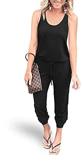 REORIA Damen Ärmellos Elastische Taille Jumpsuit mit Taschen Schwarz XL