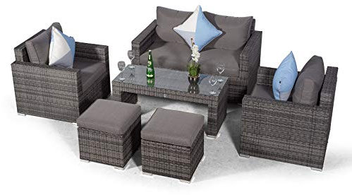 Giardino Sydney 4 Seater Grey Rattan Conversation Sofa Set with 2 Seat Sofa, 2 x Armchairs, Coffee Table & 2 Stools | 4 Seat Rattan Garden Sofa Set with All Weather Furniture Covers