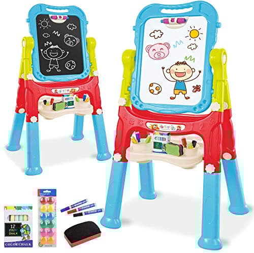 The Magic Toy Shop Kids Folding Double-Sided Magnetic Easel - 360° Rotating & Removable Drawing Board with Blackboard & Whiteboard - Magnets, Chalks, Markers, Stand - Art, Painting, & Writing (Blue)