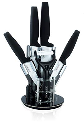 Royalty Line - Set di 4 coltelli in ceramica + pelapatate in ceramica e supporto girevole, colore: Nero