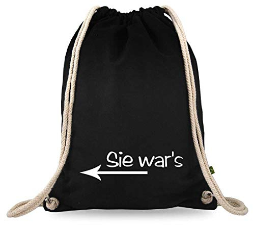 Turnbeutelliebe® Turnbeutel mit Spruch - verschiedene Designs - bedruckt - Baumwolle schwarz - Sportbeutel - Rucksack - ca. 12 Liter - 37 x 46 cm (sie war´s Pfeil Links)