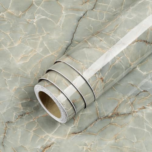 LACHEERY 160 x 24 pouces Film adhésif pour meubles gris marbre-vert papier adhésif pour meuble décoratif rouleau adhésif décoratif amovible Marbre imperméable Plans de travail pour table