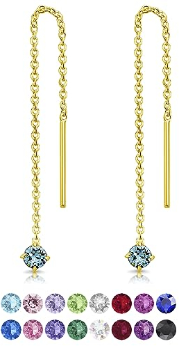 DTPsilver® KLEINE Durch Ohrringe ziehen 925 Sterling Silber Gelb Vergoldet mit Baumelnde 3 mm Swarovski® Elements Kristall - Farbe : Aquamarin
