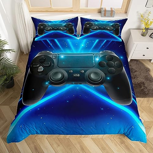 Tbrand Gamepad Bettbezug Set Jungen Gamer Bettwäsche Set 135x200cm Jugendliche Schwarz Videospiel Controller Gamepad Betten Set für Kinder Kleinkind Schlafzimmer Dekor Blau Galaxis Streifen