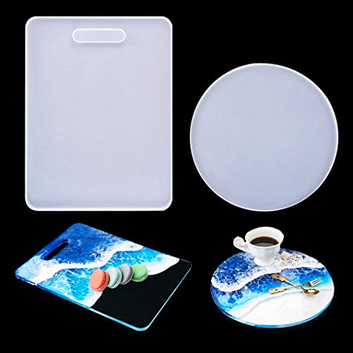 Rolin Roly 2Pcs Runde Silikonform Groß Epoxidharz RechteckTablett Harzformen UV Resin Mould Untersetzer Silikon formen für DIY Teetablett Silikonschale Obsttablett Kunstzubehör