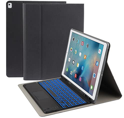 HaoHZ HK129T IPad Pro 12.9 Case with Keyboard Compatible for iPad Pro 12.9inch 2015/2017, 7 Colors Backlit Keyboard with Touchpad, PU Leather Case with Pencil Holder,Black