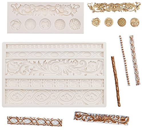 2 Pcs Fondant Lace Mould, DIY Baroque Silicone Cake Mold Scroll Border Embossed Lace Molds Mat Curlicues Baking Decorating Tools for Gum Paste Icing Cake Cupcake Topper Polymer Clay Decoration (White)