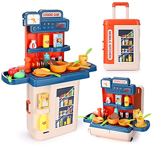 Czemo Cocina Juguete con Luz y Sonido para Niños, Cocinita Infantil con 41 Accesorios, Grifo Simulado, Utensilios de Cocina, Estufa, Comida, Cubiertos (Maleta 4 en 1)