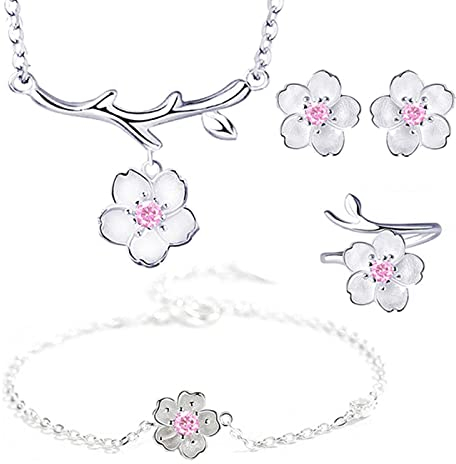 925 Silber Schmuck Sets Romantische Kirschblüten Blume Halskette + Ohrringe + Ring + Armband Für Frauen Hochzeit Schmuck Set