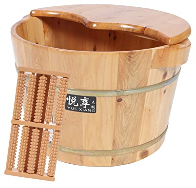 Happyyami Travel Container 1 Set Wooden Foot Basin Pedicure Foot Soak Foot Bath Spa with Massage Thicken Wood Foot Spa Tub with Lid Jetted Bathtub