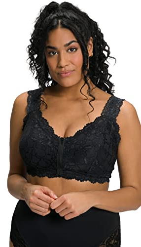 Ulla Popken Damen Bralette, Spitze, Reißverschluss, Ohne Bügel, Cup A/B Und C/D BH, Schwarz, 110B EU