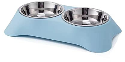 Angeer Stainless Steel Double Pet Bowl, Detachable Cat & Dog Food Water Dish with Anti-Slip for Cats/Dogs, Durable Split Feeding Bowls for Puppy/Kitten (L, Blue)