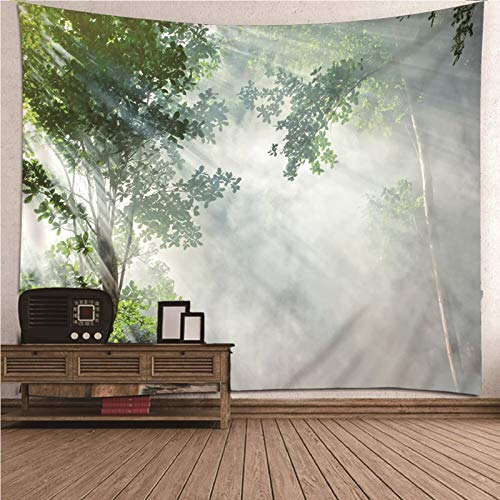 EHOMERY Wandteppich Länglich Wandschmuck Wohnzimmer Grün Nebeliger Wald des Sonnenlichts Wandbehang Aussen Kleines Wandtuch Deko Groß Schlafzimmer Wanddekoration 150X150Cm