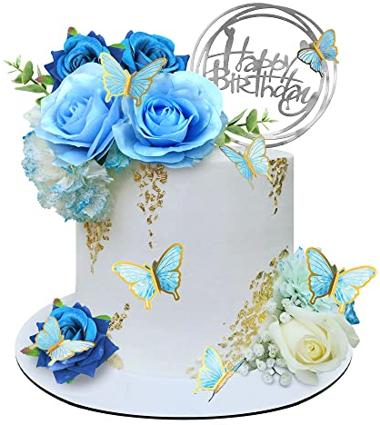 19 Stück Blumen-Kuchenaufsätze, Schmetterling, Happy Birthday, Kuchendekorationen mit künstlichen blauen Rosen, Eukalyptus, Schmetterlingen für Party, Hochzeit, Babyparty, Zubehör (blau)