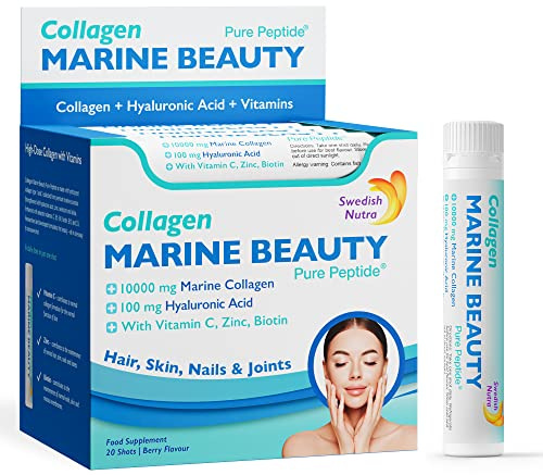 Swedish Nutra Marine Beauty 10,000 mg Liquid Collagen Shots, 20 x 25 ml | Type 1 & 3 marine beauty collagen shots for hair, skin & nails; 100% natural flavour, high absorption, daily beauty shot