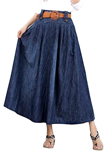 Runstarshow Denim Maxirock Casual Elastische Taille Unsichtbarer Sommer Freizeitrock Faltenrock Mit Taschen