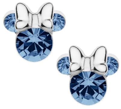 Ohrstecker Minnie-Maus mit Geburtsstein, Disney für Mädchen, Silber, Disney-Schmuck, verziert mit Zirkonia, Blau