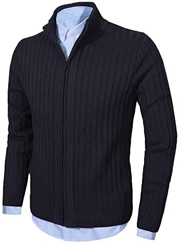 AOLI RAY Herren Strickjacke Stehkragen Cardigan mit Reißverschluß und Taschen Feinstrike Pullover Navy Blau M