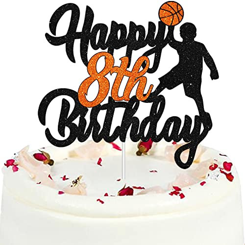Happy Birthday 8th Cake Topper Sign Basketball Player Scene Themed for Boy Girls Birthday Party Supplies - Black Glitter Boy's Eight Years Old Party Basketball Stars Sports Party Decorations