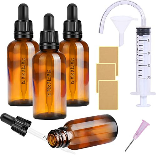 Pipette Glas Pipettenflasche 4 Stk 50ml Apothekerflasche Set- Kleine Braunglas Liquid Flaschen mit pipette Tropfflaschen Glasflaschen mit Schwarzer Pipettenkappe Inklusive 5 Stk Hilfszubehör