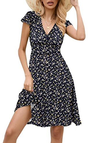 Zeagoo Women Floral Dresses Summer Short Sleeve High Waist Dress Casual Beach Mini Dresses Vacation Wrap Dresses for Women Blue Florets S