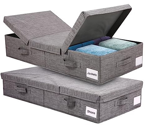 2pcs Underbed Storage Containers with Lids, Under Bed Organizer Storage Boxes Long Fabric Bins with Handles and Labels, Foldable Storage Bins for Clothes, Shoes, Blanket, Pillow