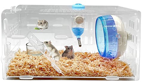 kathson Dwarf Hamster Cage Transparent Hamsters Cages and Habitats Gerbils Acrylic Cage Cute Mini Pet Habitat with Accessories Exercise Wheel Water Bottle Food Bowl for Small Animal Blue