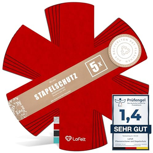 LoFelt® Pfannenschoner & Stapelschutz für Pfannen, Töpfe, Schüsseln und noch mehr Küchenutensilien - 5 Stück in L Ø 32cm - Pfannenschutz Topfschutz aus Filz in Rot - Sternform