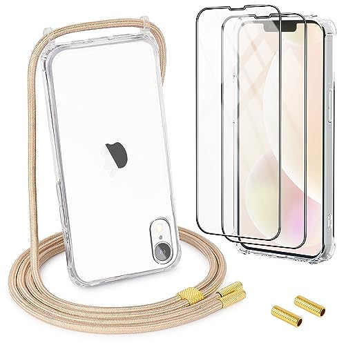 DiDaDi Handykette für iPhone XR Hülle mit Band 1*Transparent Schutzhülle mit 2*Schutzfolie, Abnehmbar Necklace Stylische Handyhülle zum Umhängen Kordel Case (Gold)