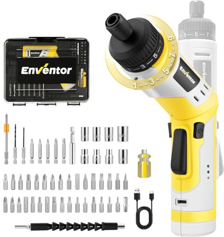 Enventor Cordless Screwdriver, 4V Electric Screwdriver Set, 2 Position Handle, 9+1 Torque Setting, 6N.m 2000mAh Battery Screwdriver, LED Work Light, 39PCS Magnetic Bits, 8PCS 1/4“ Socket Set