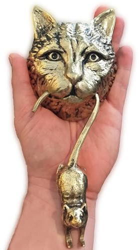 Anatolica Cat and Mouse Door Knocker, Solid Brass, 8.7 inches, Front Door Ornament (Antique Brass)