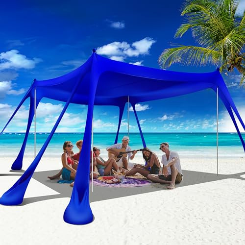 VIONMI Strandüberdachung, Strandzelt, Pop-Up-Schatten, 3 x 3 m, Sonnenschutz LSF 50+, mit 8 Sandsäcken, 2 Sandschaufeln, 4 Aluminium-Stangen, Bodenheringe, tragbare Tragetasche für Outdoor, Familie