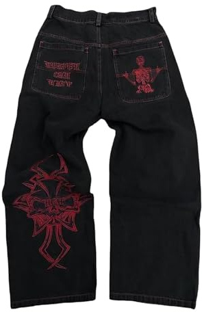 LIXQQS Gothic Herren Jeans, Hochwertige Denim mit Kreuz und Schädel einzigartigem Stickerei, Y2K Vintage Baggy Denim-Hose, Weite Passform mit Geradem Bein