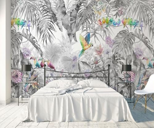 songqians Papier Peint 3D Peinture Murale 380x255cm Perroquet De La Forêt Tropicale Noir Et Blanc Papier Peint Panoramique Tapisserie Murales Salon Chambre