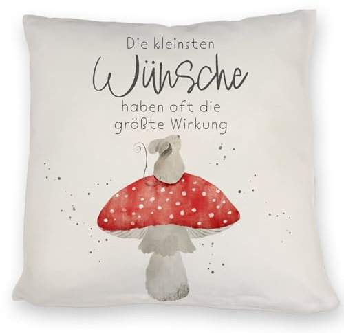 Maus auf Fliegenpilz Kissen mit Spruch Kleinste Wünsche größte Wirkung Träumender Pilz Gezeichnete Wünsche Geburtstagsgeschenk mit Punkten
