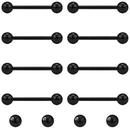 Gojewen 8er Zungenpiercing Brustwarzenpiercing und 4er Ersatzkugel Chirurgenstahl Schwarz Piercing Zunge Brustwarze Barbell 12mm
