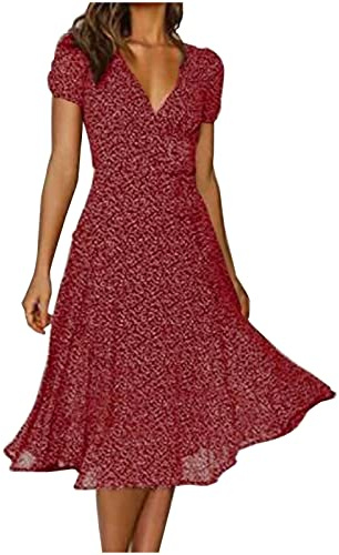 Robe d'été enveloppante à col en V pour femme - Imprimé bohème - Manches courtes - Robe midi de vacances, #010 Wine, Taille L