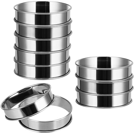 FAAING 10 Stück 10cm Backringe Klein, Tortenring Dessertringe Runde Muffinringe Edelstahl Crumpet Ringe, doppelt gerollt Tart Ringe zum Backen flauschige Muffins, Omelettes, Pfannkuchen, Mousse Gebäck